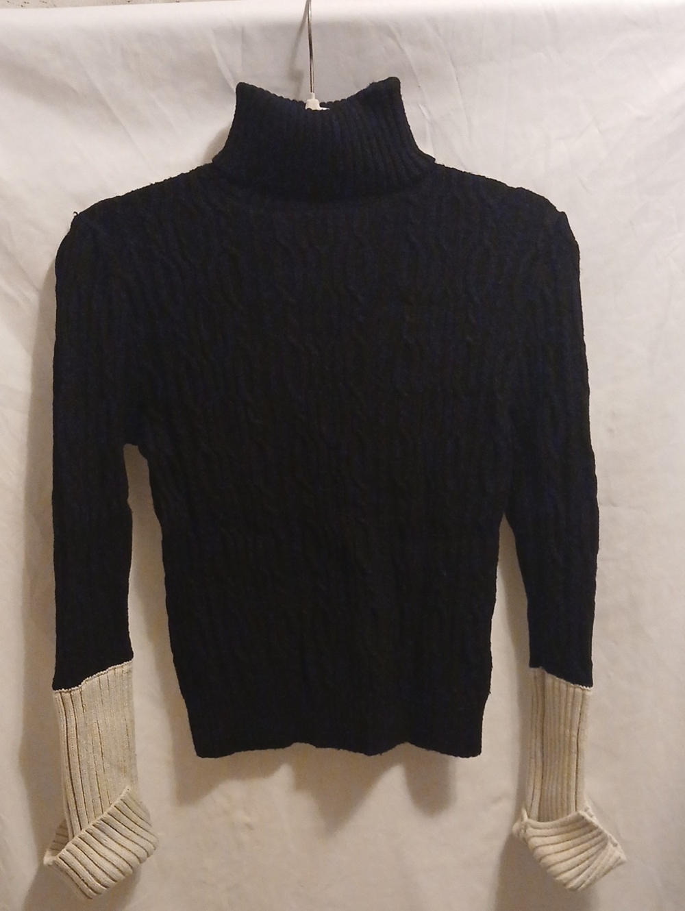 Turtleneck Cable-Knit Sweater with Contrast Cuffs - Black